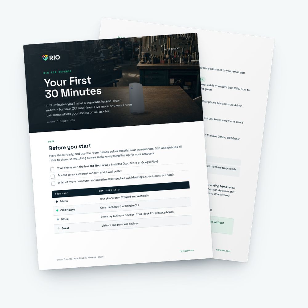 The Rio for Defense Quickstart guide, Your First 30 Minutes, with its setup checklist page behind it.