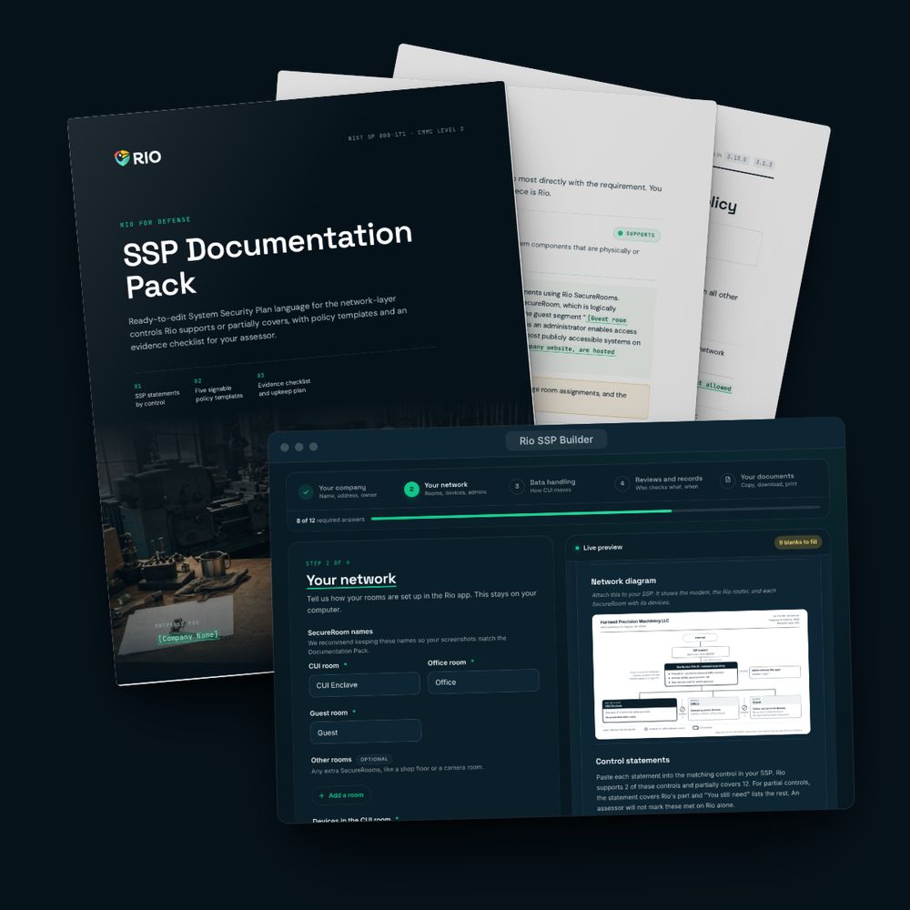The SSP Documentation Pack cover with inner pages fanned behind it, and the SSP Builder open in a browser showing a network diagram.