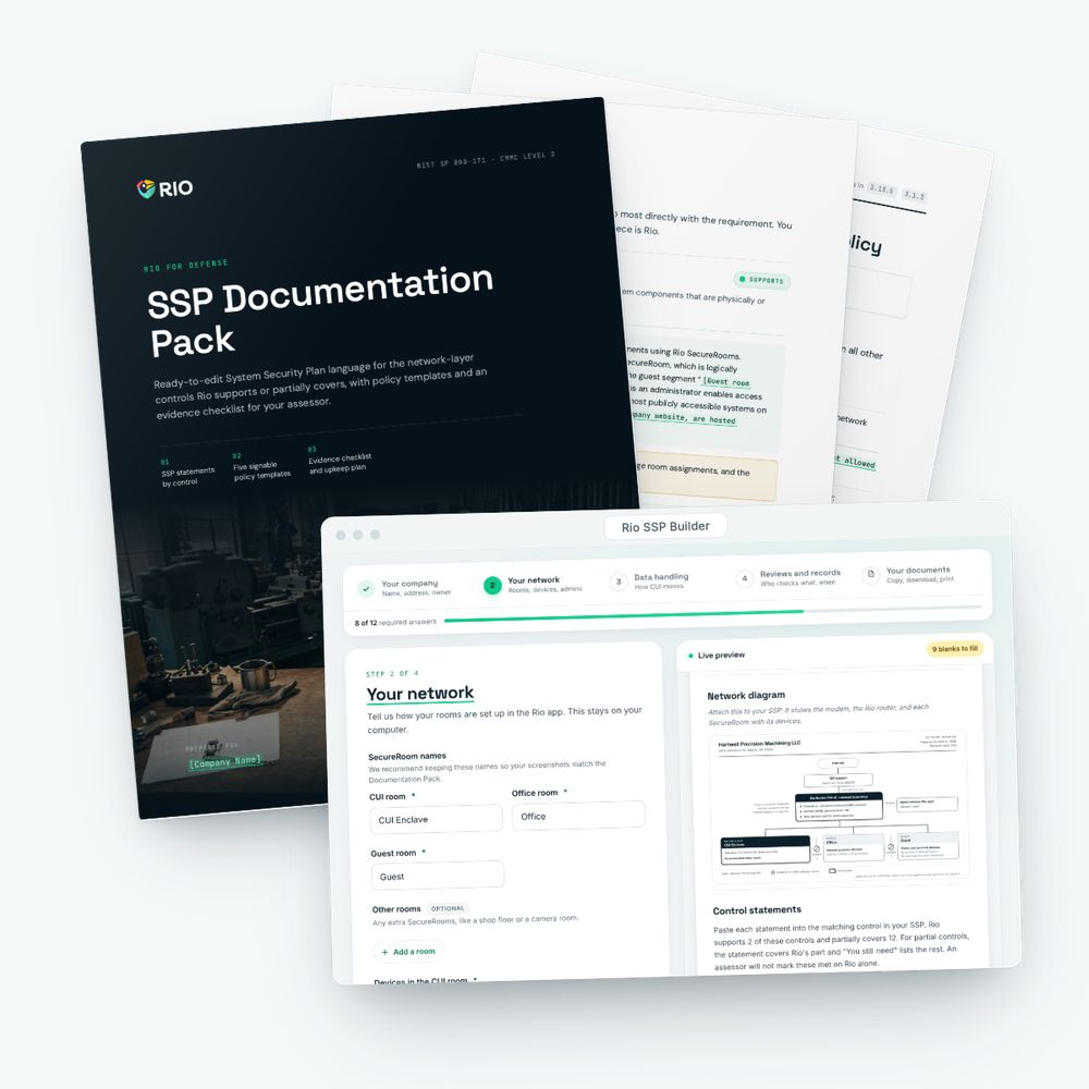 The SSP Documentation Pack cover with inner pages fanned behind it, and the SSP Builder open in a browser showing a network diagram.