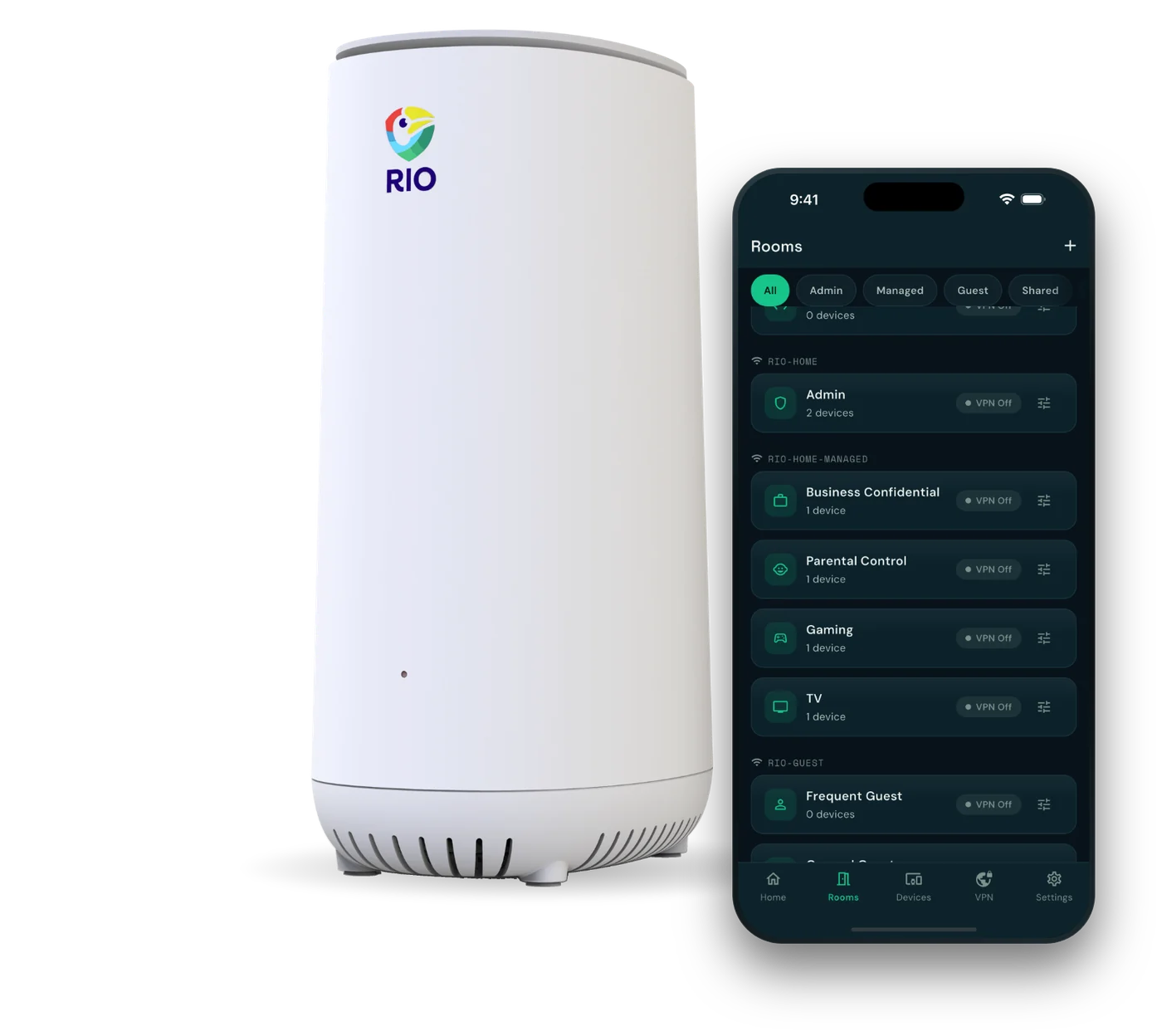 Rio router beside a phone showing the Rooms screen of the Rio app.