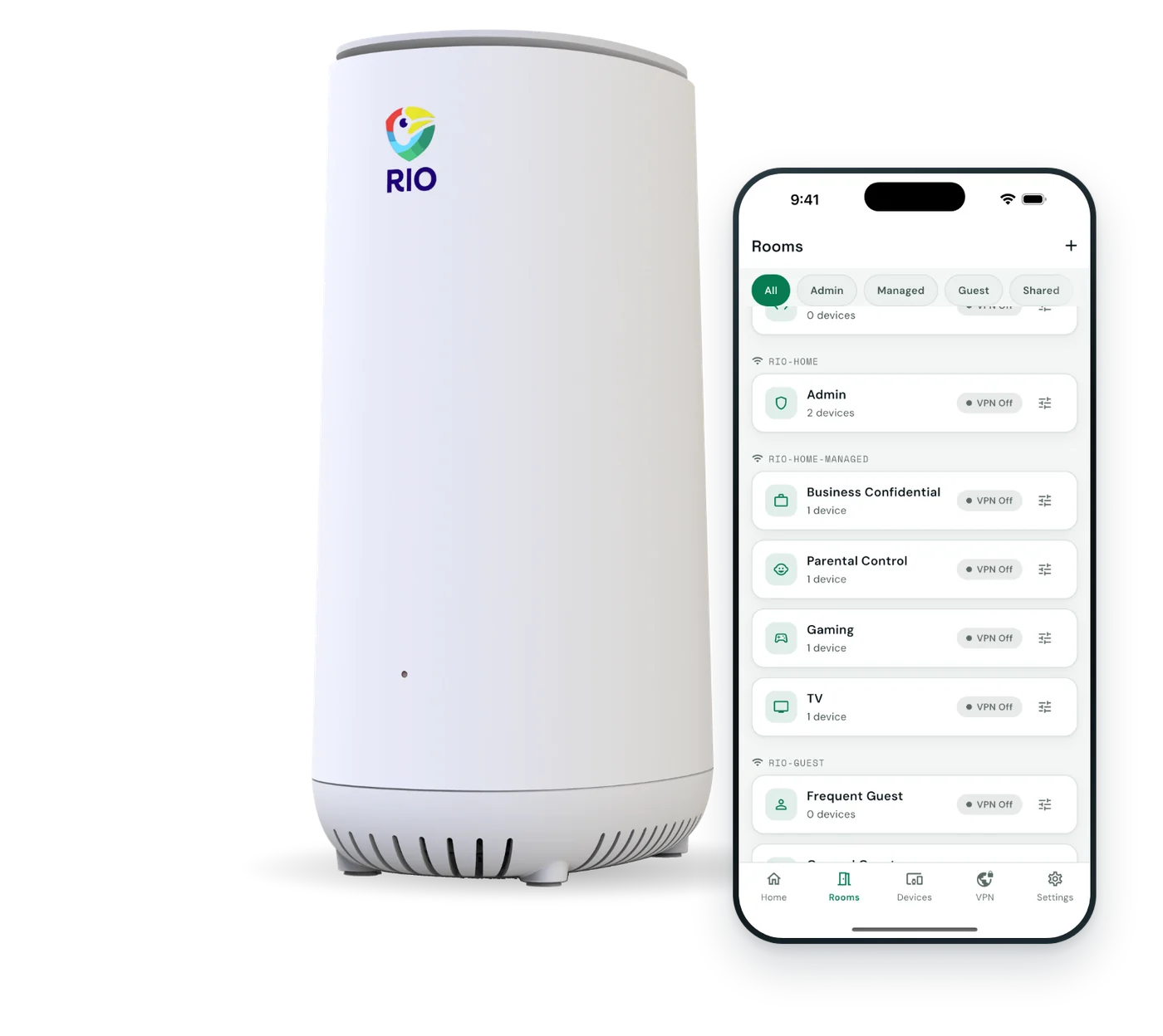 The Rio router beside the Rio app