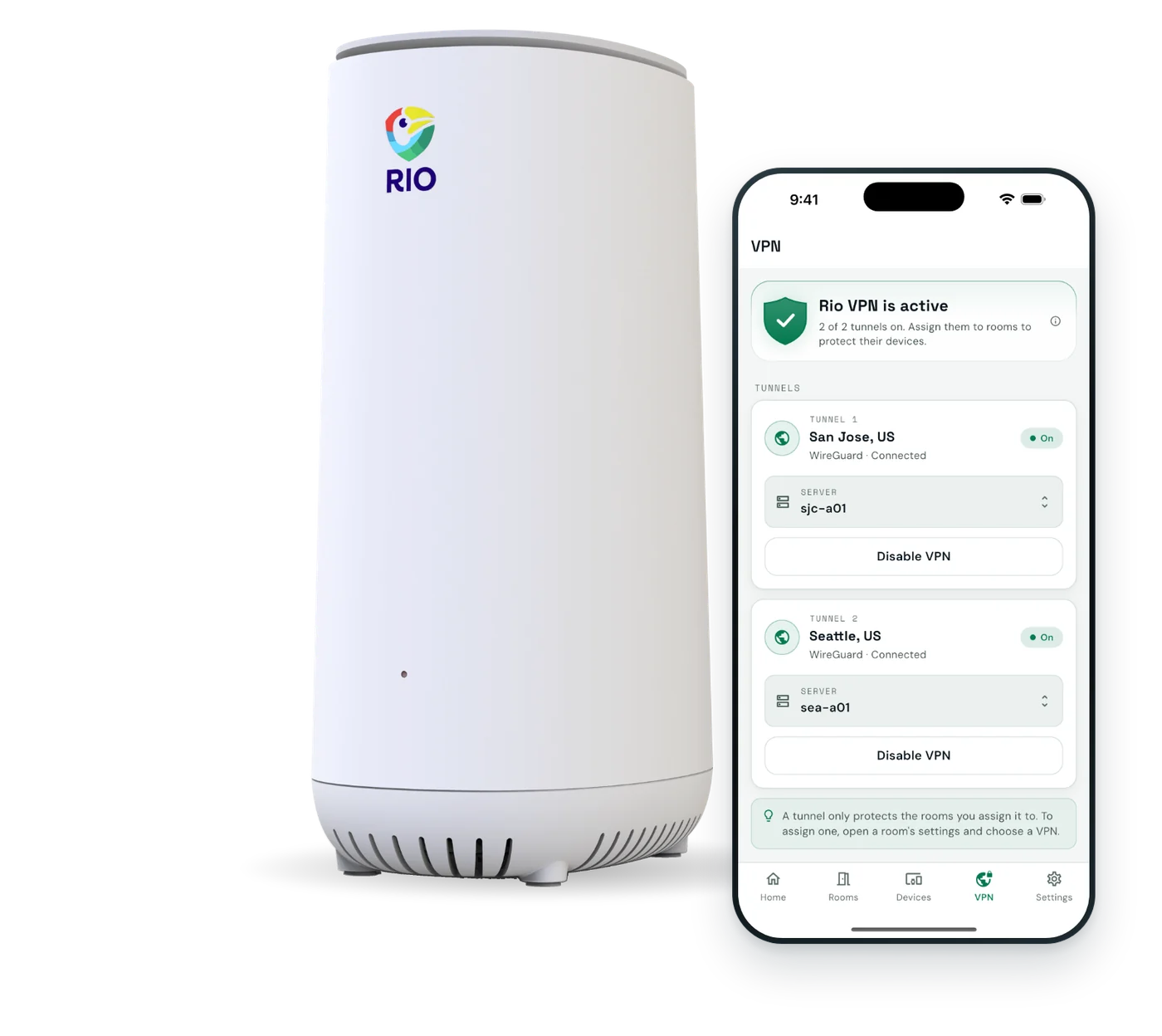 The Rio router beside the Rio app