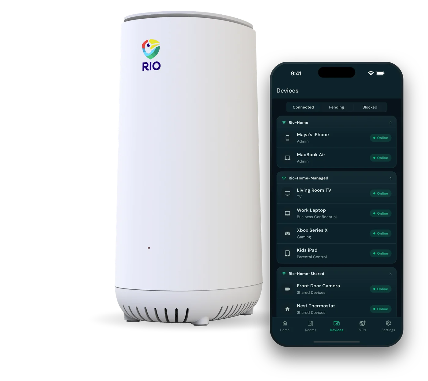 Rio router beside a phone showing the Devices screen of the Rio app, with devices grouped by network.