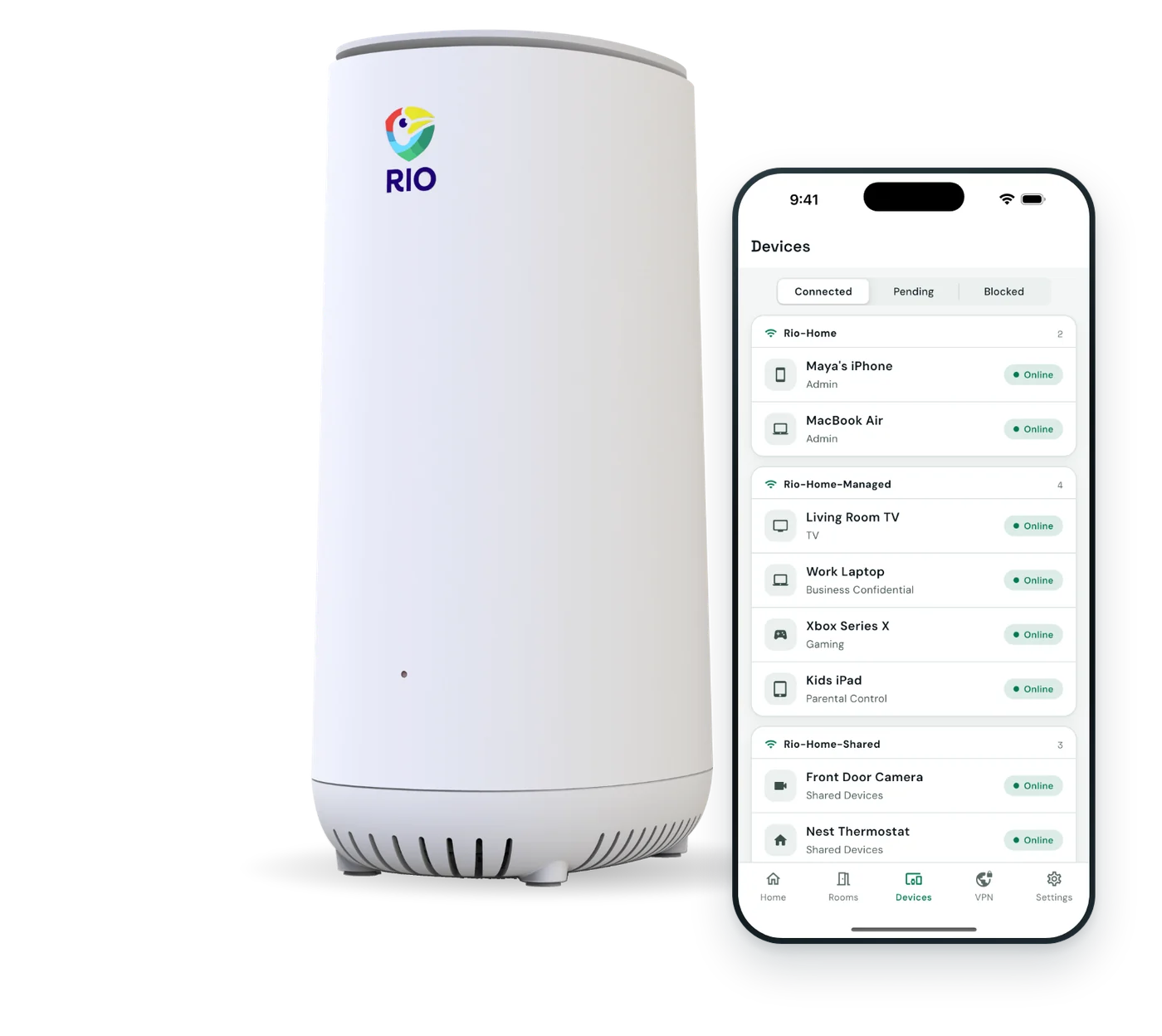Rio router beside a phone showing the Devices screen of the Rio app, with devices grouped by network.