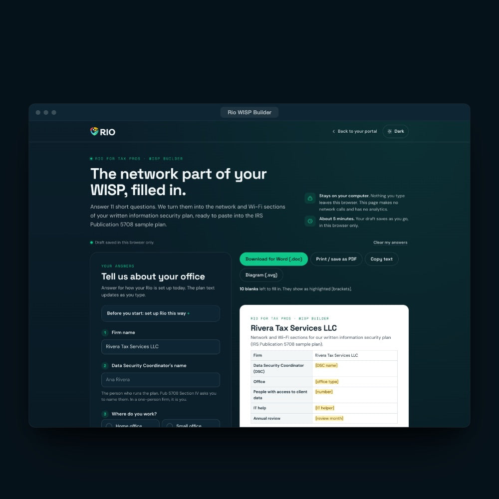 The WISP Builder open in a browser, with the plan filling in as you answer.