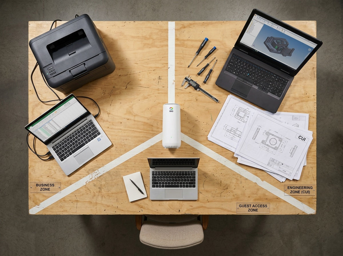 Workshop with network segmented into CUI zone, office zone, and guest zone, centered on a Rio Router.