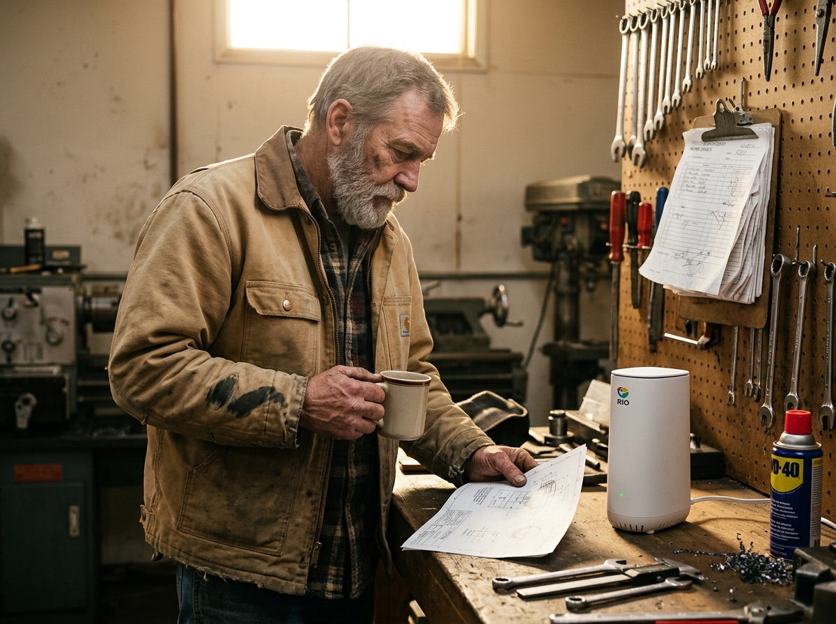 Small machine-shop owner in Carhartt jacket at his workbench with a Rio Router on the bench.