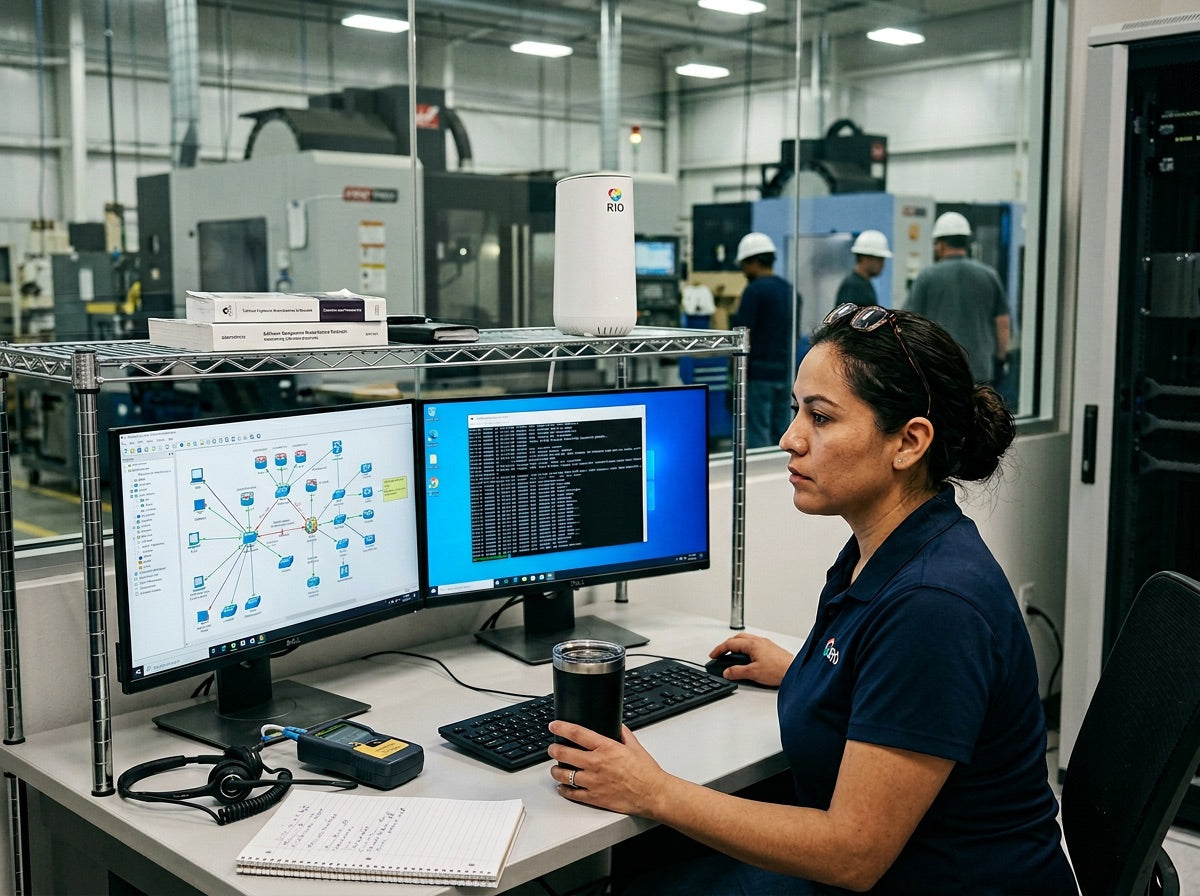 IT staffer at a multi-monitor workstation in a defense manufacturing facility with a Rio Router on her shelf.