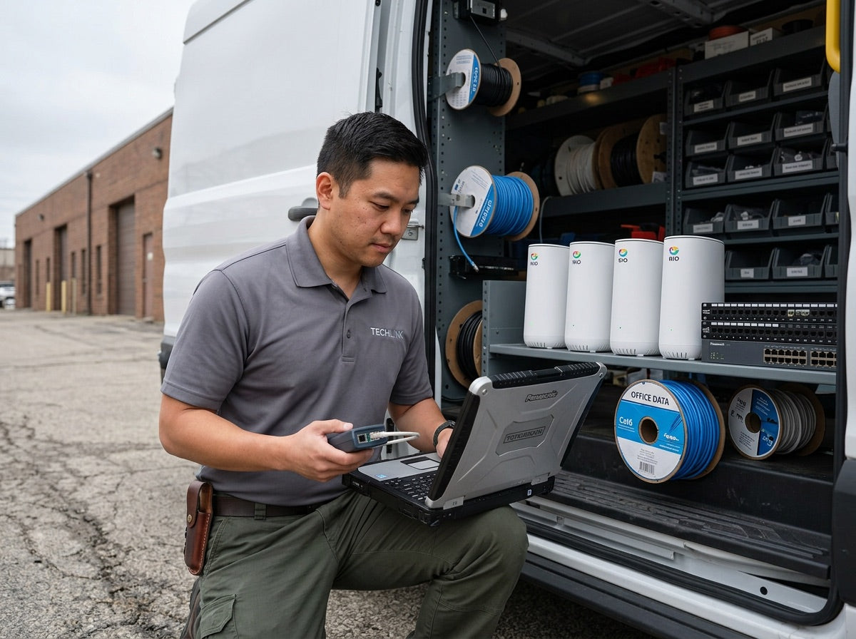 MSP technician at a service van with a rugged laptop and a row of Rio Routers ready for client installs.