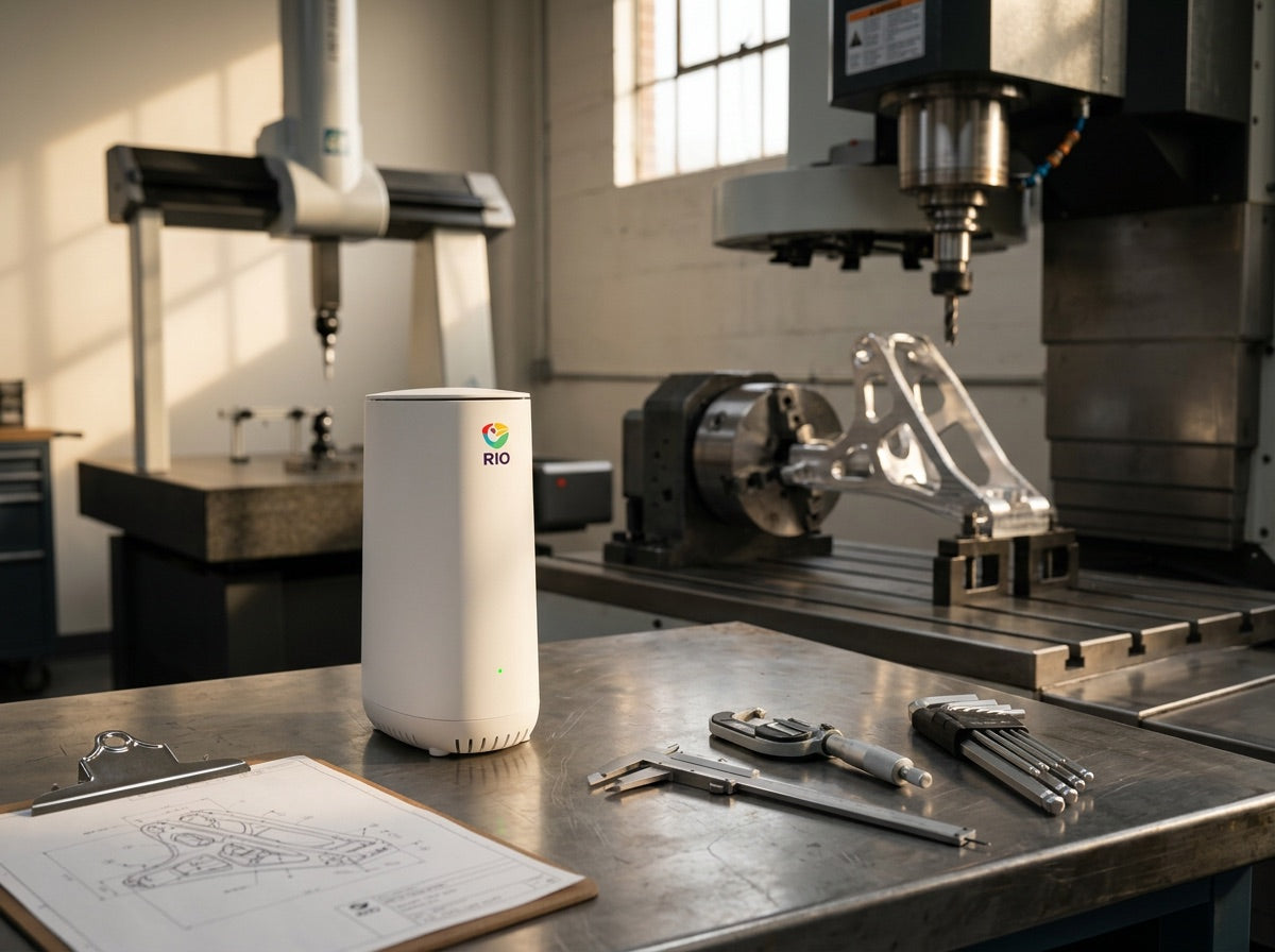Aerospace Tier 2 machining shop with Rio Router on steel worktable, CNC mill and CMM in background.