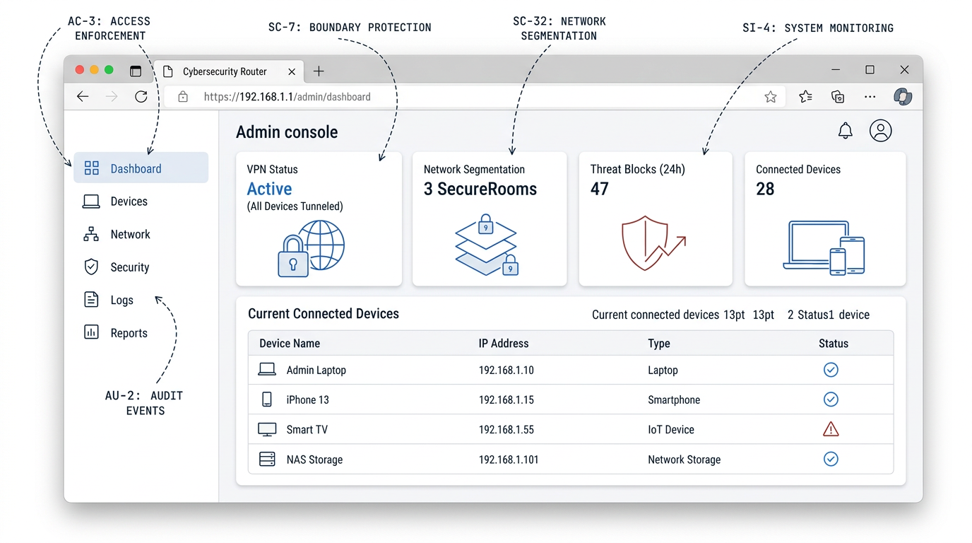 Rio configuration dashboard annotated with mapped NIST 800-171 controls.