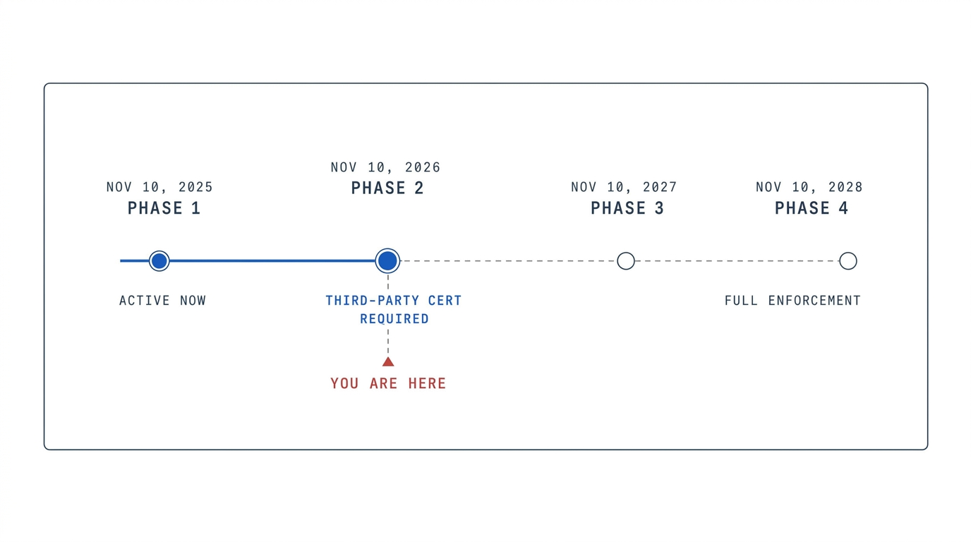 CMMC enforcement timeline: Phase 1 active Nov 10 2025, Phase 2 third-party cert required Nov 10 2026, Phase 3 and 4 follow.