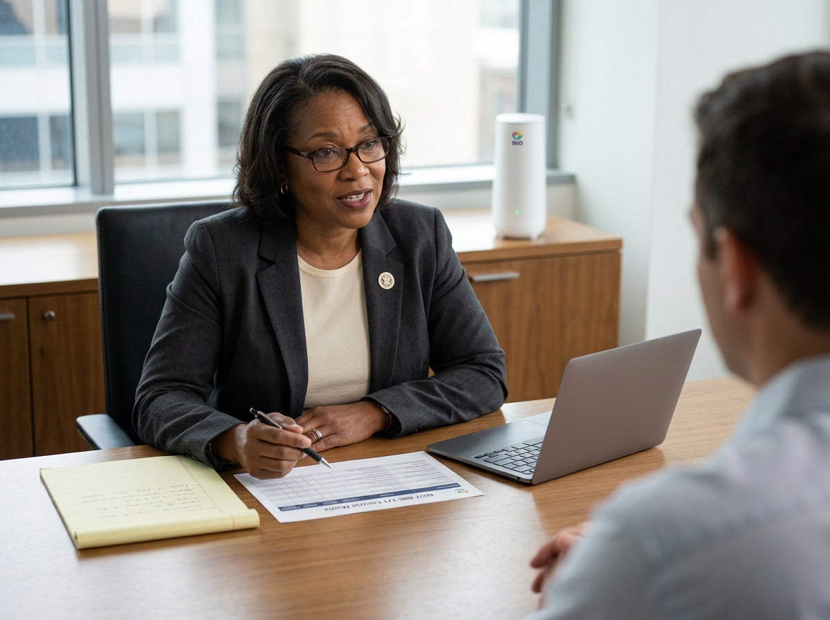Compliance consultant in a client meeting with a Rio Router on the credenza as a reference unit.